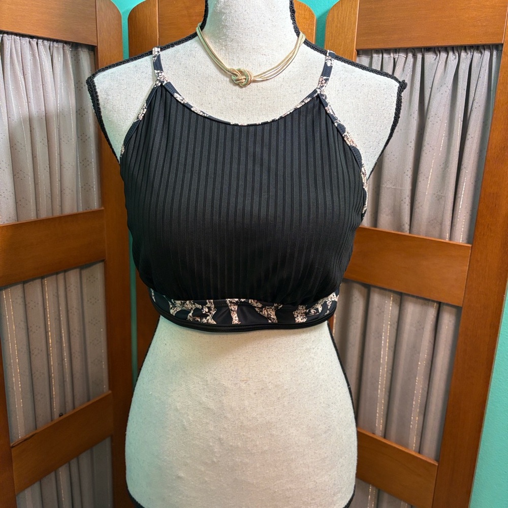 Black Ribbed Crop Top with animal Trim